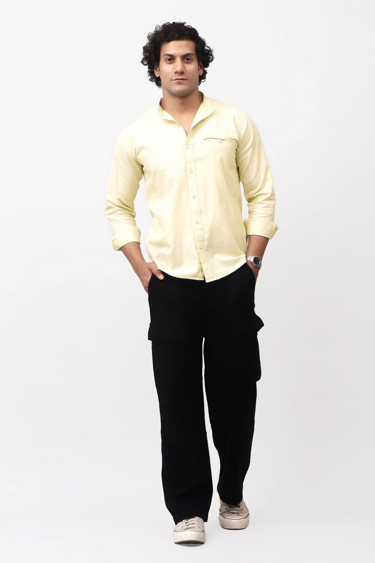 Bluebird Men's 100% Cotton Mandarin Shirt Light Beige Color