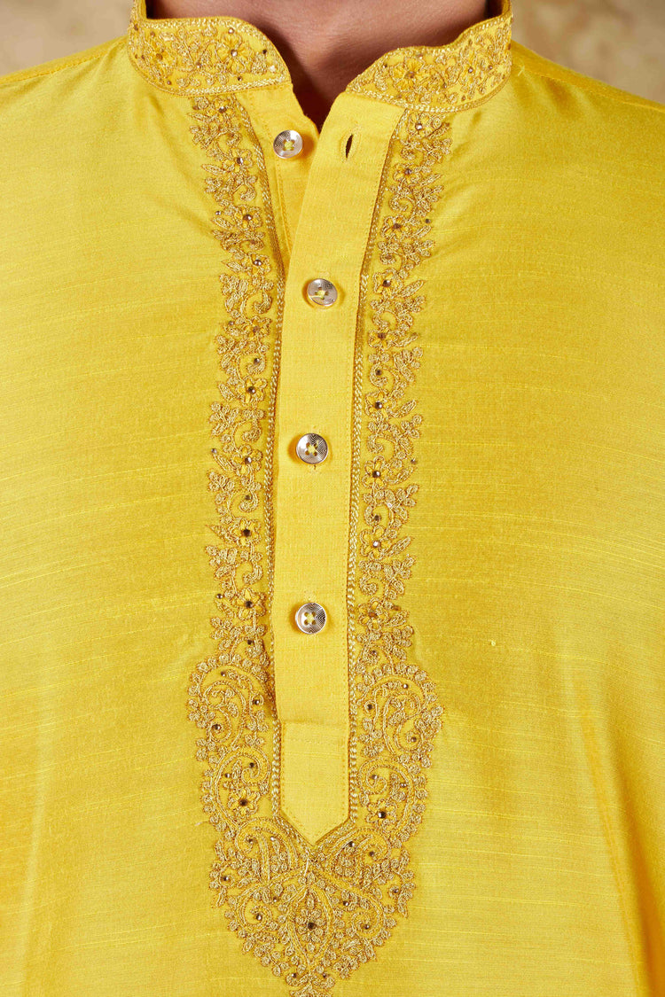 Bluesaanchi Sunshine: Handwoven Embroidered Kurta Set Maize yellow