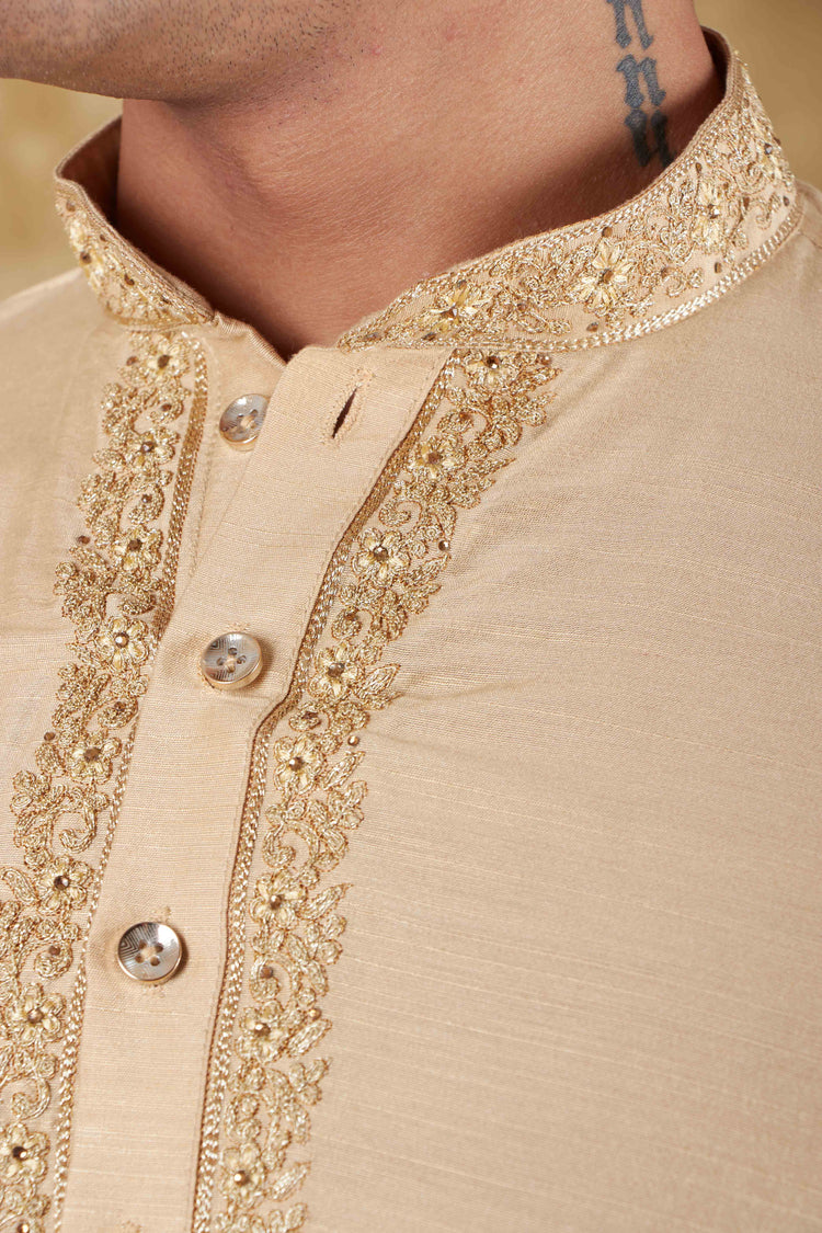 Bluesaanchi Chandery Silk Khaki Embroidered Kurta Set