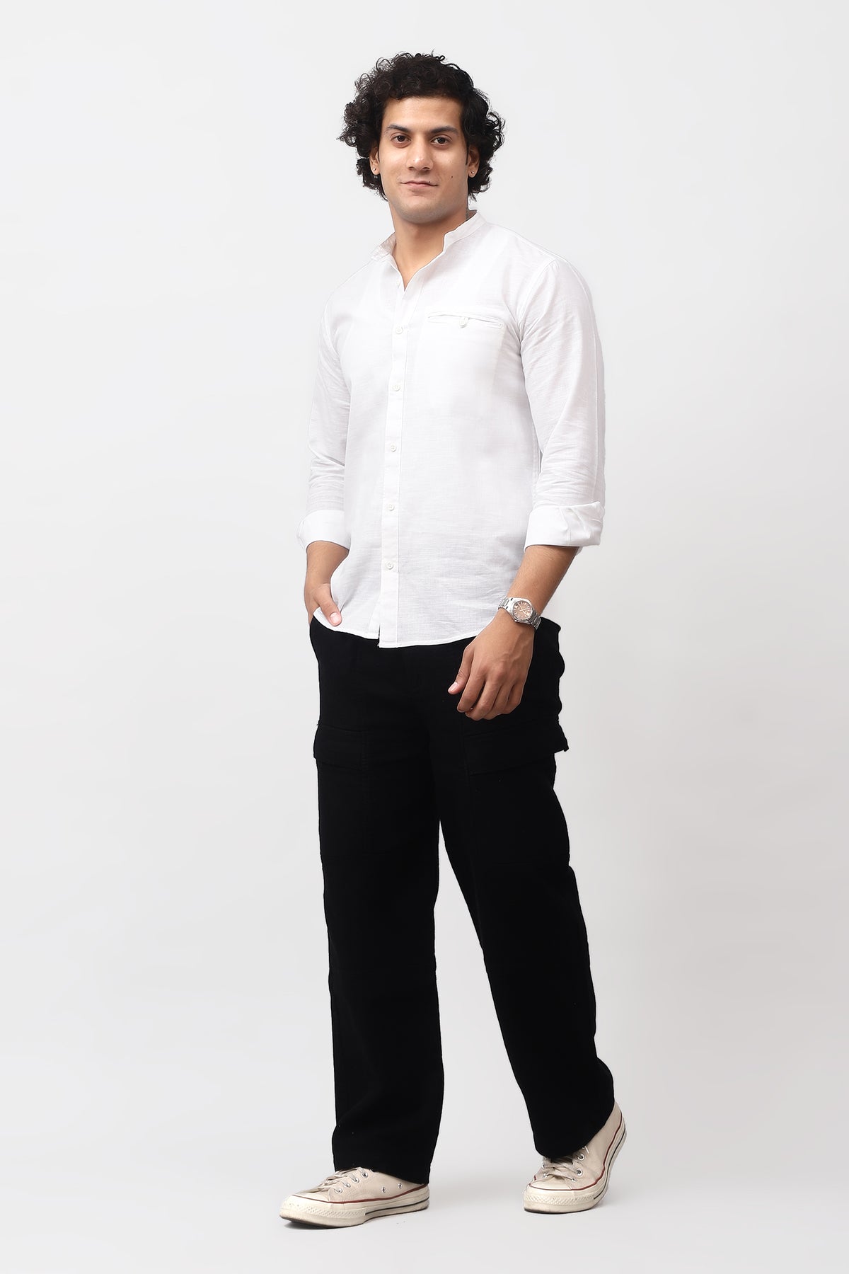Bluebird Men's 100% Cotton Mandarin Shirt White Color