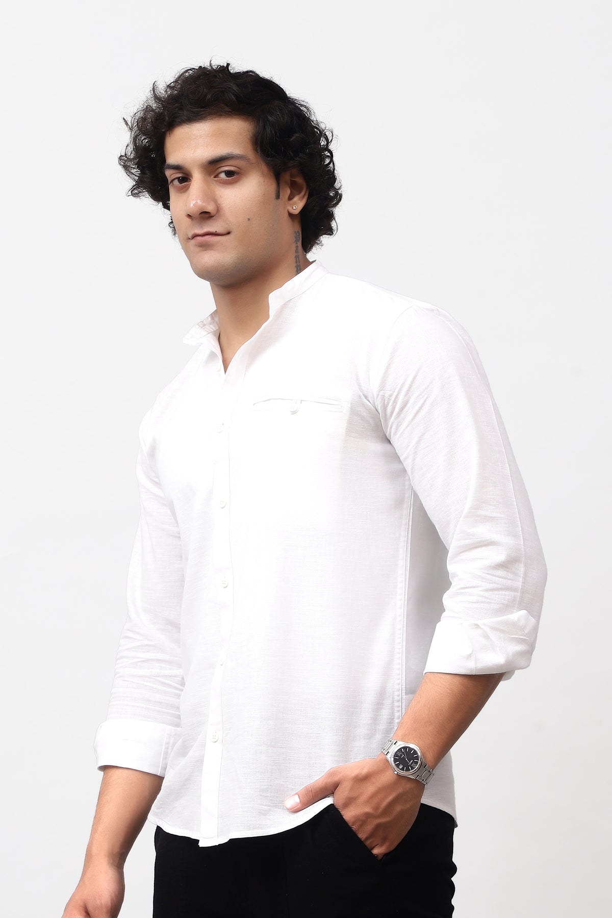 Bluebird Men's 100% Cotton Mandarin Shirt White Color