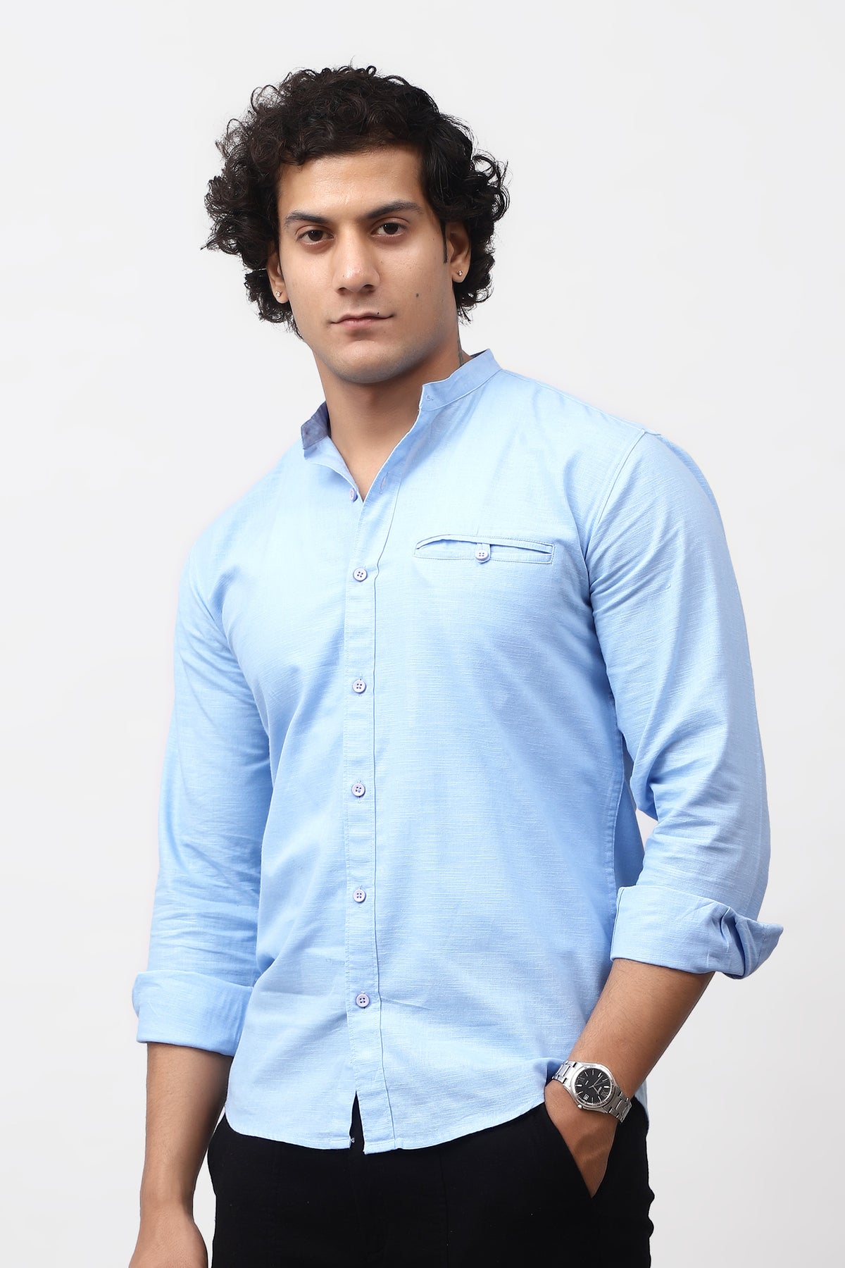 Bluebird Men's 100% Cotton Mandarin Shirt Sky Blue Color