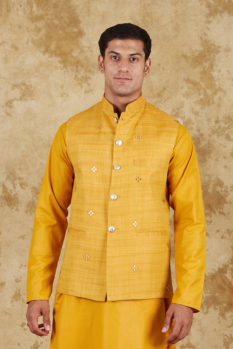 Bluesaanchi Men's Cotton Blend Yellow Mirror Embroidered Waistcoat