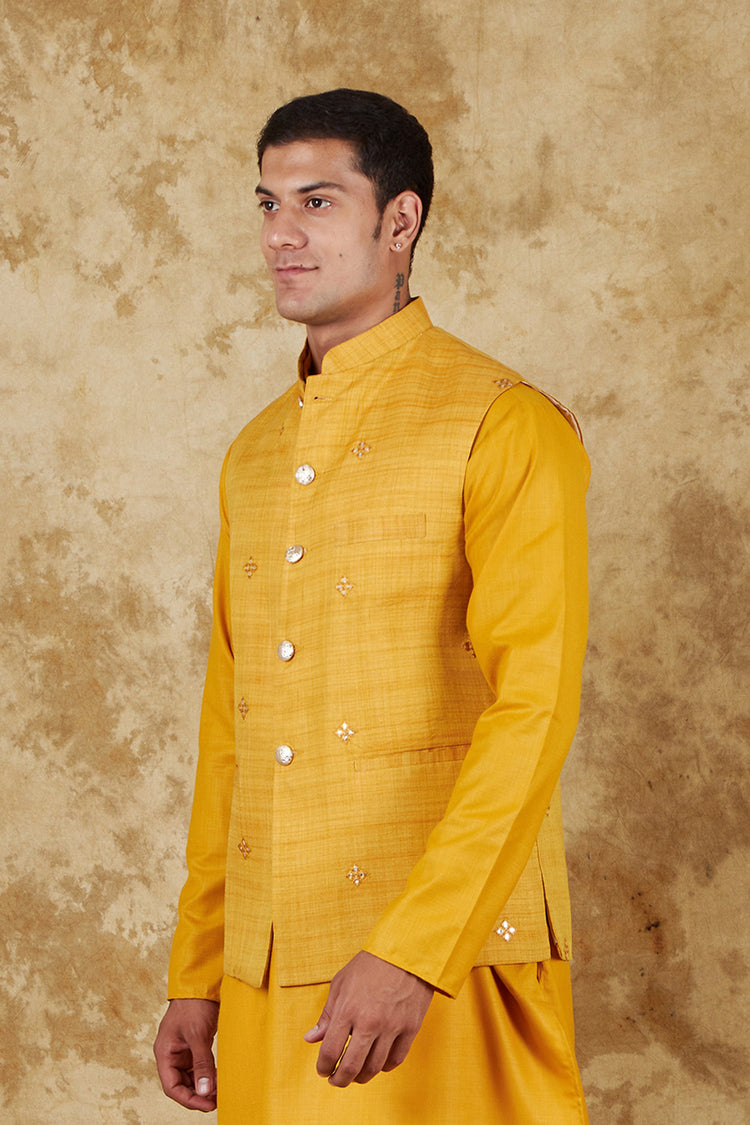 Bluesaanchi Men's Cotton Blend Yellow Mirror Embroidered Waistcoat