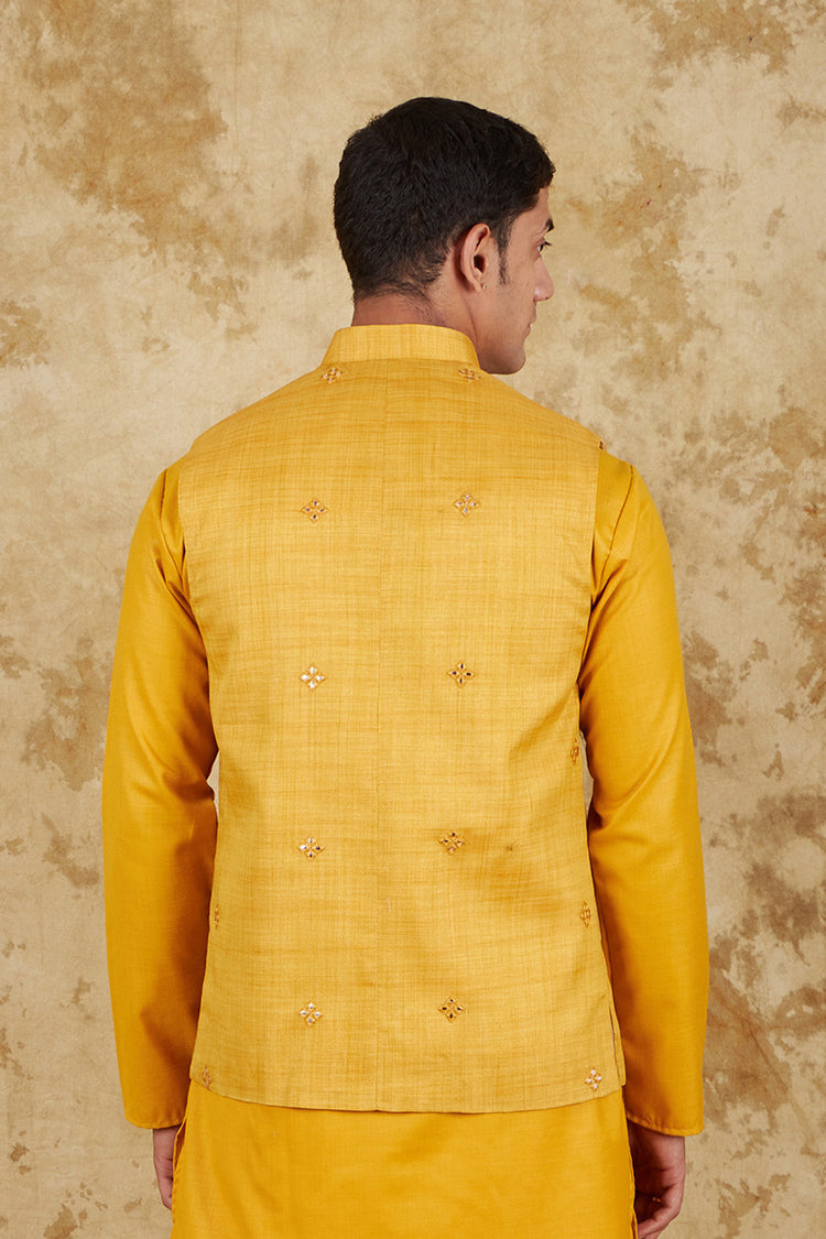 Bluesaanchi Men's Cotton Blend Yellow Mirror Embroidered Waistcoat