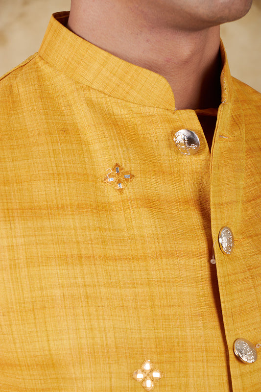 Bluesaanchi Men's Cotton Blend Yellow Mirror Embroidered Waistcoat