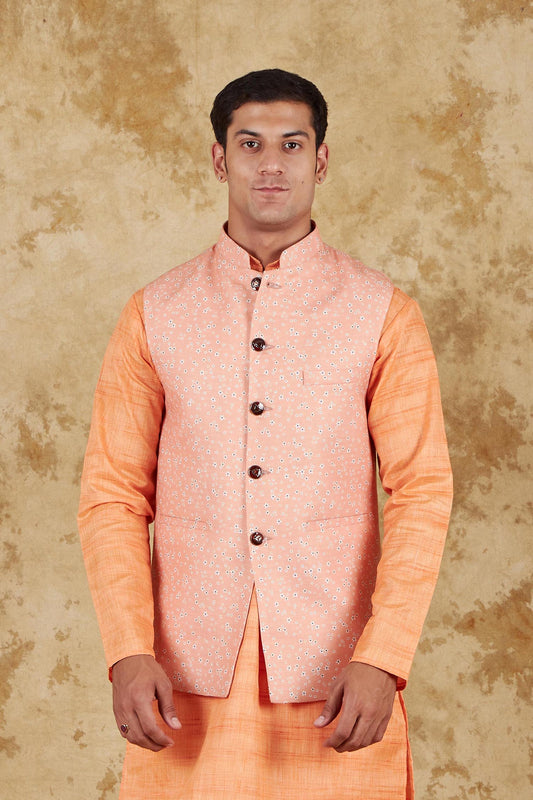 Bluesaanchi Men's Cotton Blend Orange Printed Waistcoat