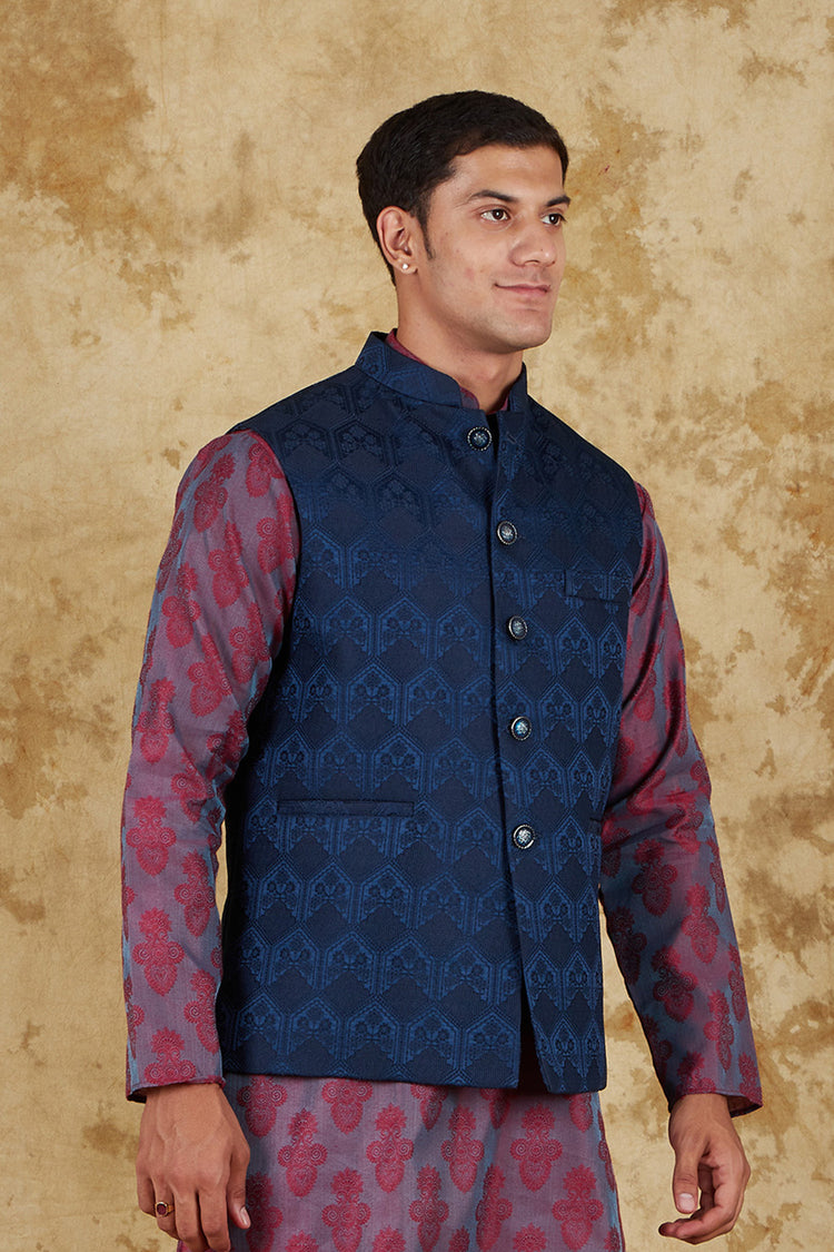 Bluesaanchi Men's Jacquard Blue Waistcoat