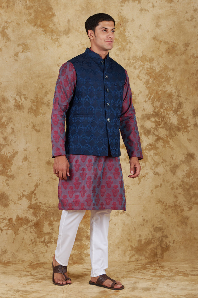 Bluesaanchi Blue Jacquard Waistcoat set