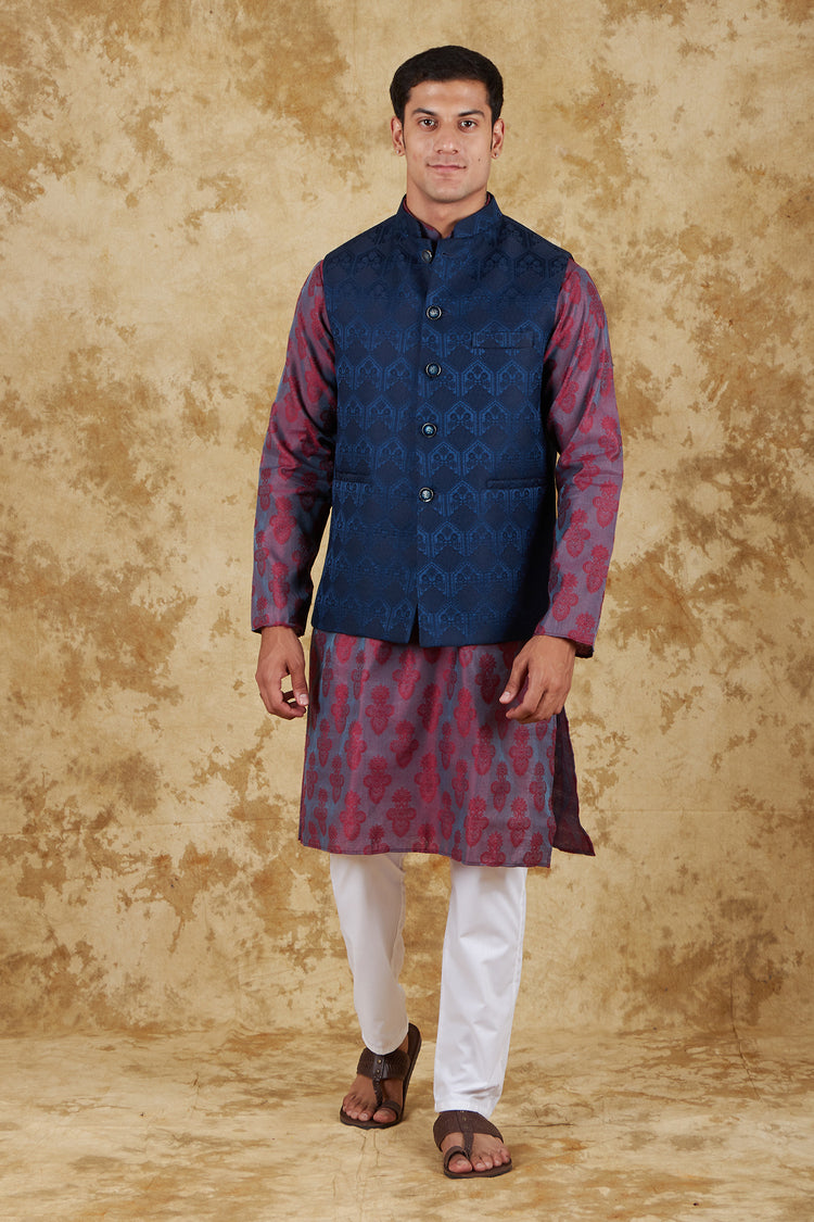 Bluesaanchi Blue Jacquard Waistcoat set