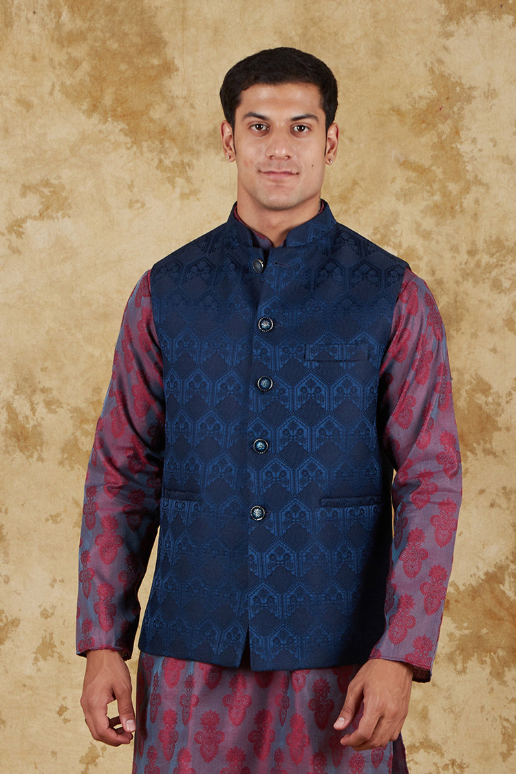 Bluesaanchi Men's Jacquard Blue Waistcoat