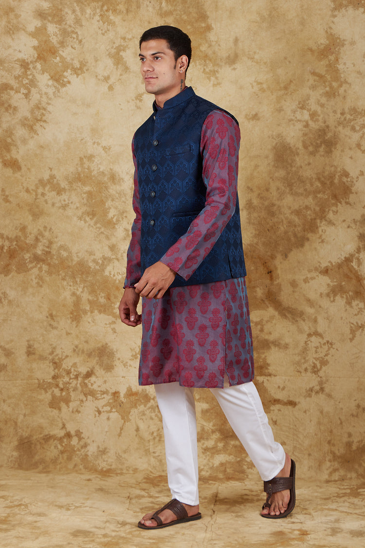 Bluesaanchi Blue Jacquard Waistcoat set