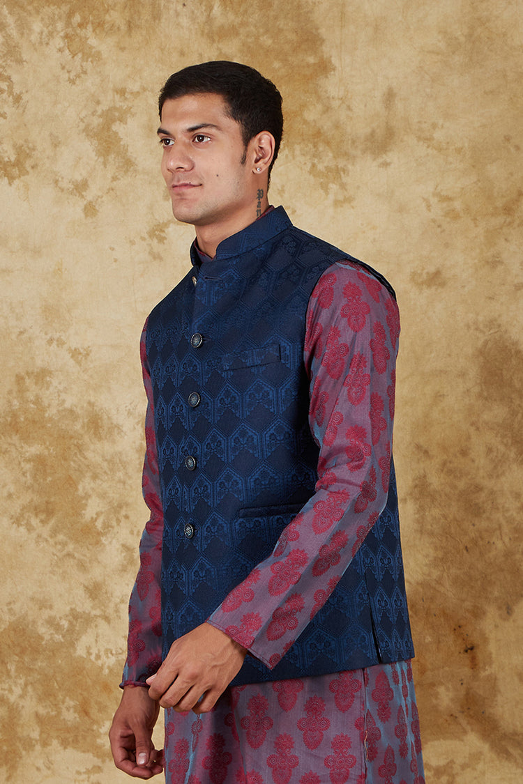 Bluesaanchi Men's Jacquard Blue Waistcoat