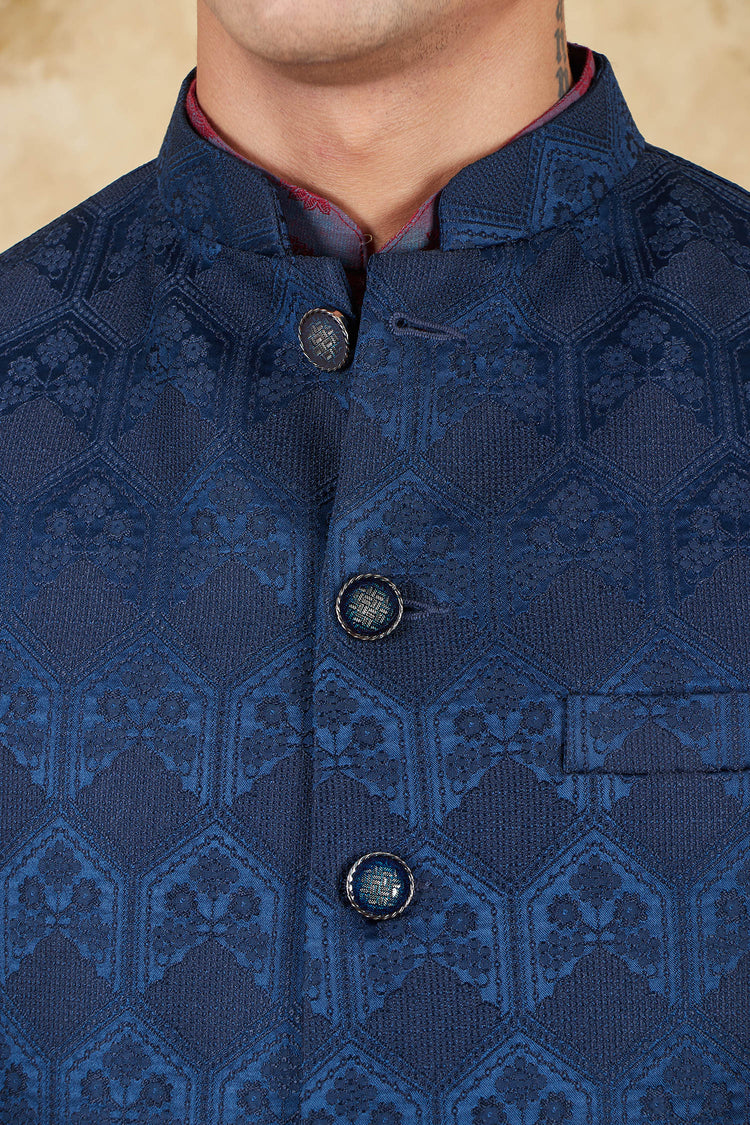 Bluesaanchi Blue Jacquard Waistcoat set