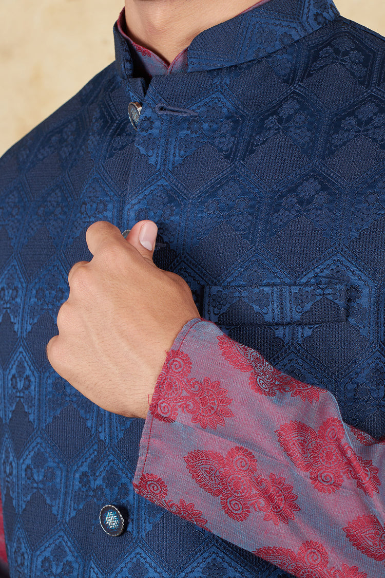 Bluesaanchi Blue Jacquard Waistcoat set