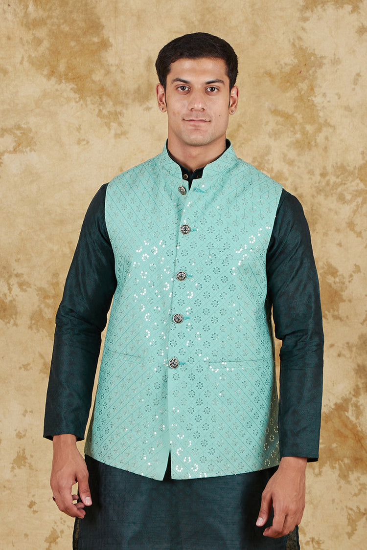 Bluesaanchi Men's Jacquard Mint Green Sequence Waistcoat