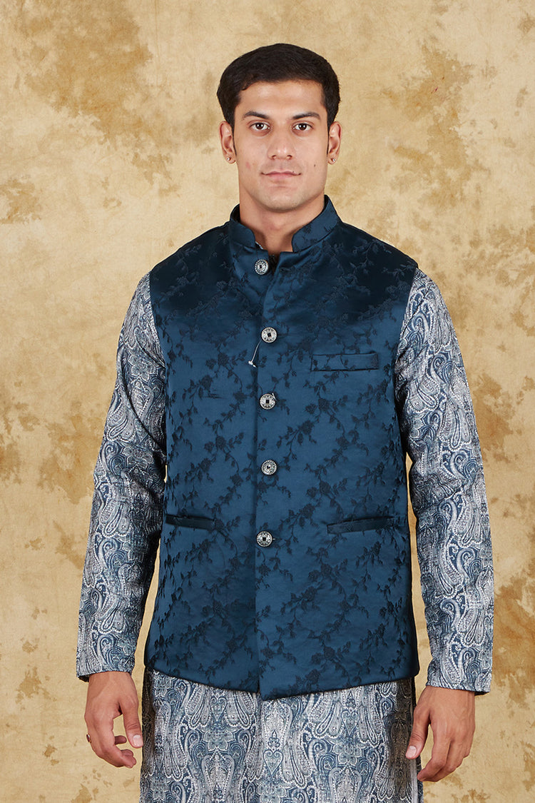 Bluesaanchi Men's Jacquard Blue Waistcoat