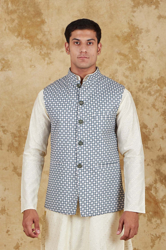 Bluesaanchi Men's Cotton Blend Dobby Printed Light Green Waistcoat