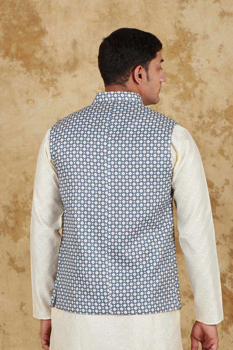 Bluesaanchi Men's Cotton Blend Dobby Printed Light Green Waistcoat