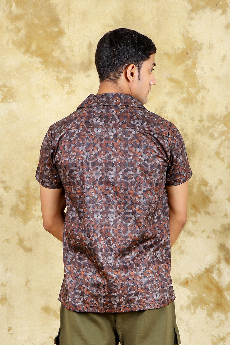 BLUEBIRD Cotton Blend Short Brown Printed Shirt for Men