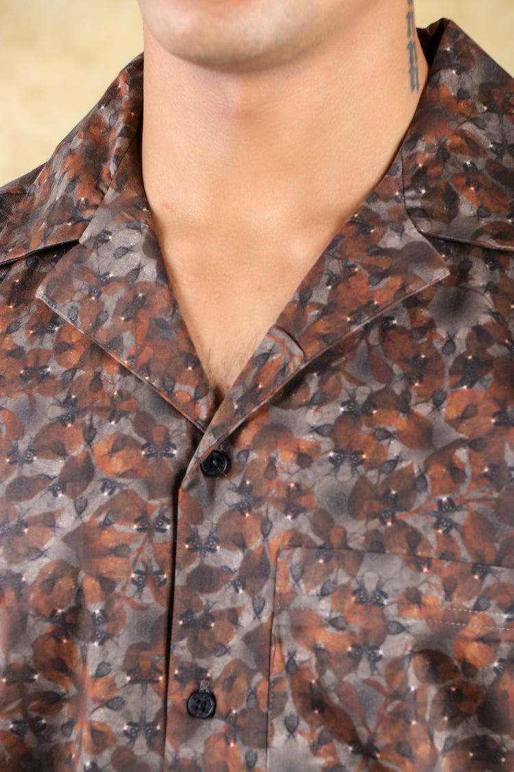 BLUEBIRD Cotton Blend Short Brown Printed Shirt for Men