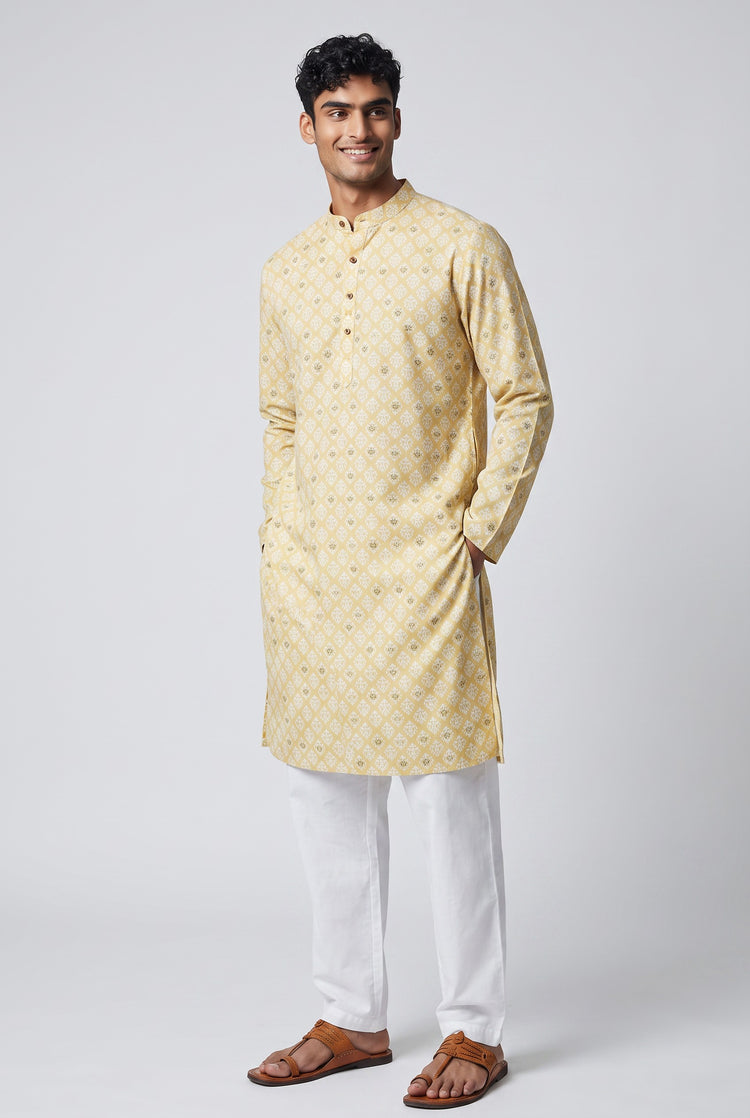 Veshbhoshaa Men's Soft Yellow Printed Kurta Set