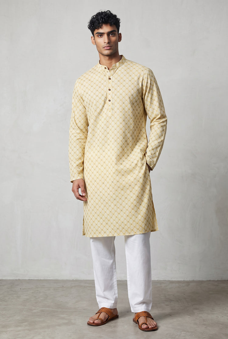 Veshbhoshaa Men's Soft Yellow Printed Kurta Set
