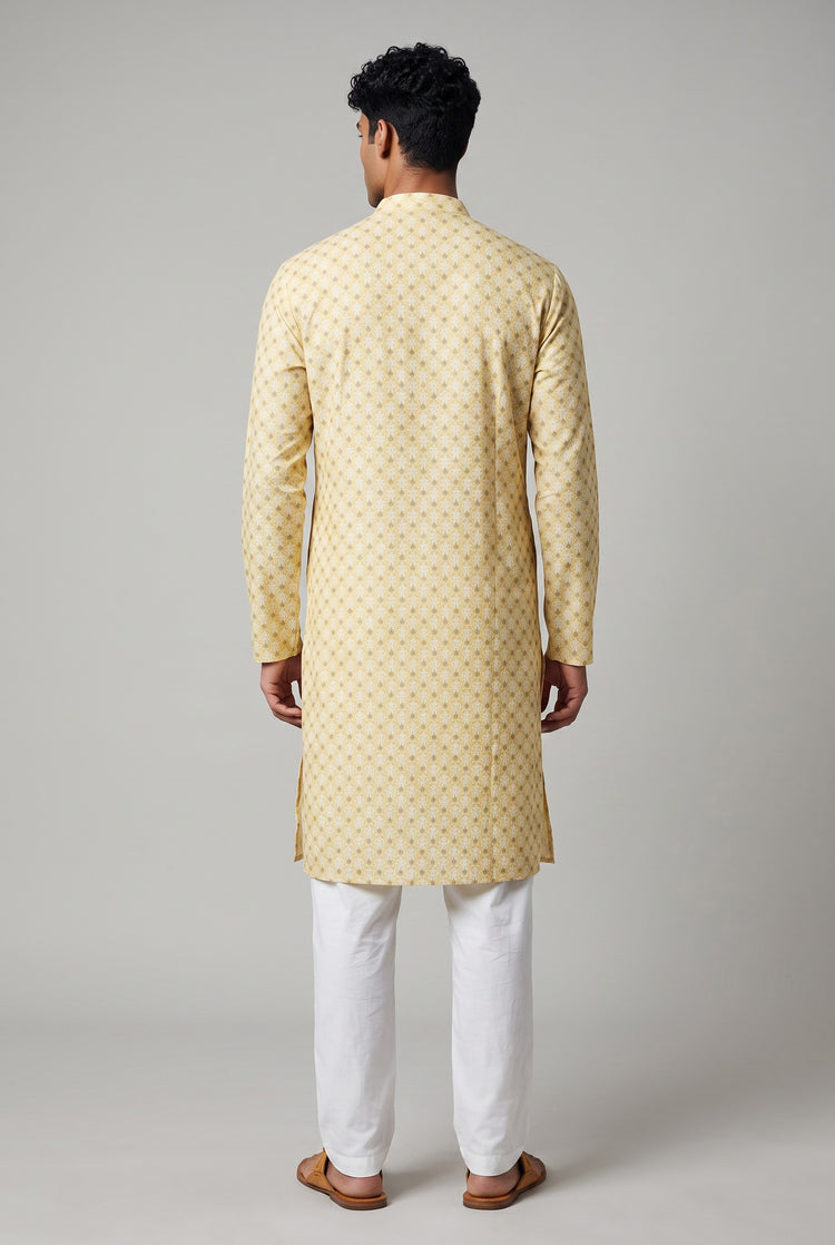 Veshbhoshaa Men's Soft Yellow Printed Kurta Set