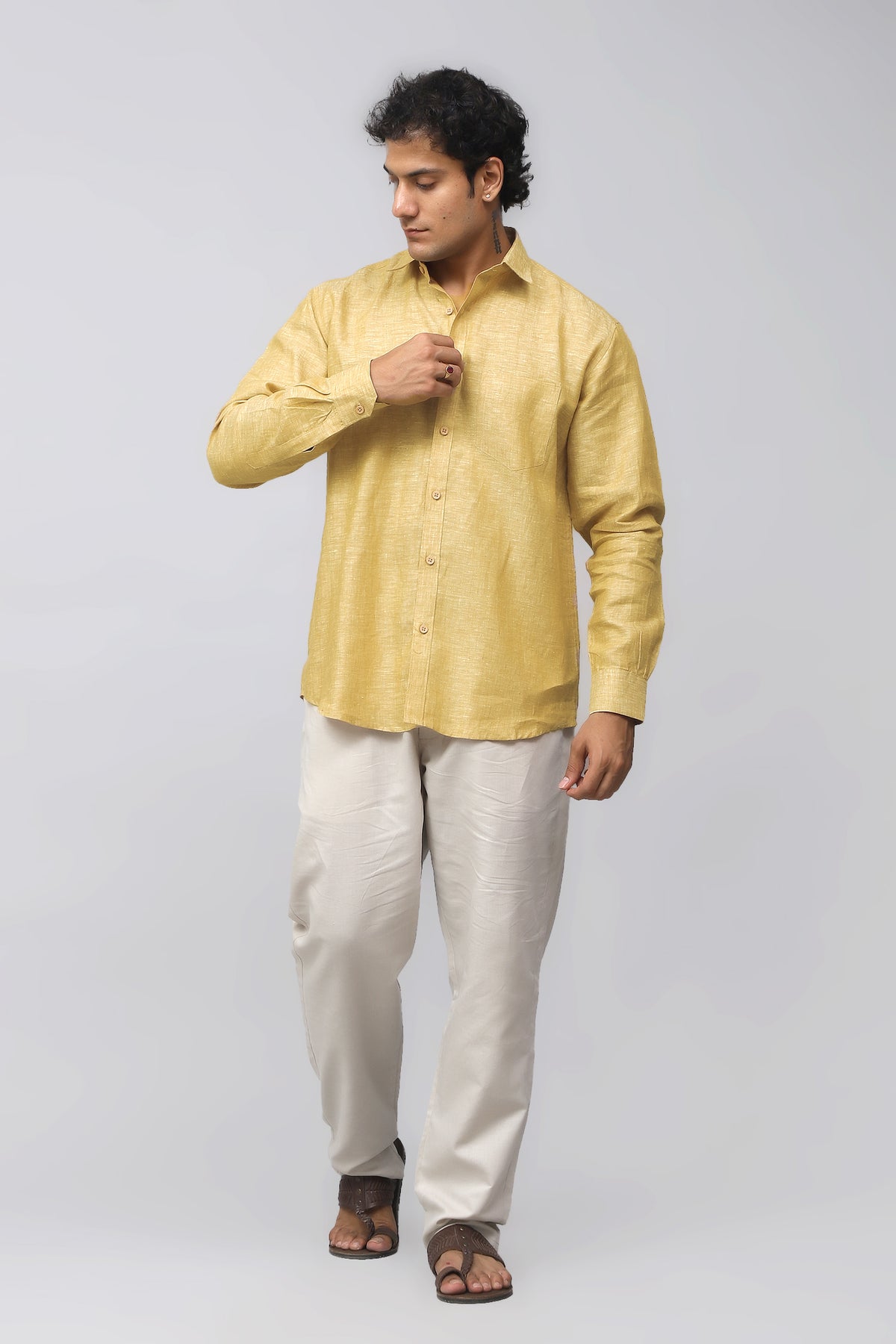 Bluebird Men's 100% Beige Linen Shirt