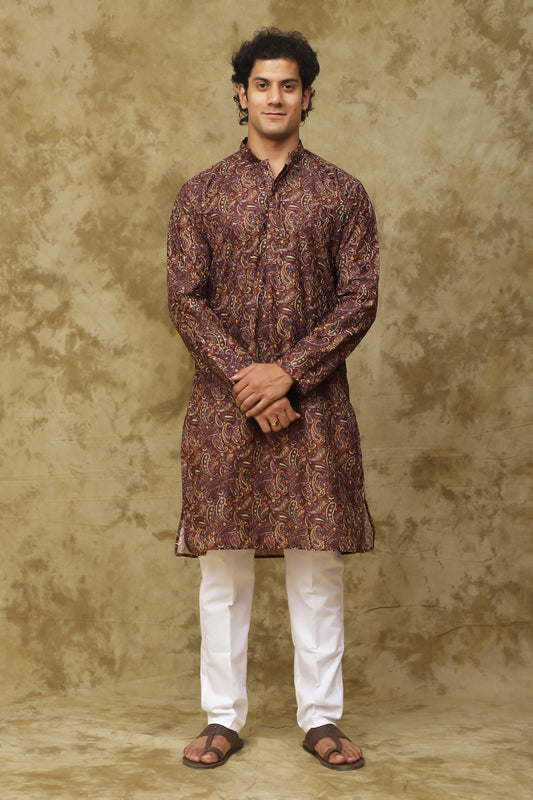 Bluesaanchi Men's Chikankari Embroidered Kurta Set - Brown