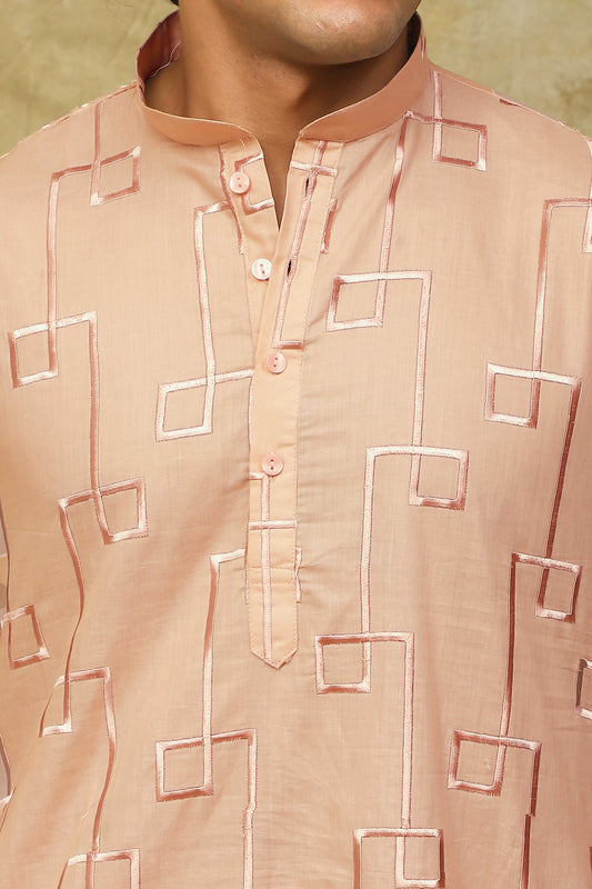 Bluesaanchi Men's Cotton Zari Embroidered Kurta Set - Peach Cream