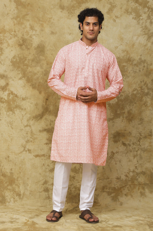 Bluesaanchi Men's Cotton Embroidered Kurta Set – Pink Sun Boota