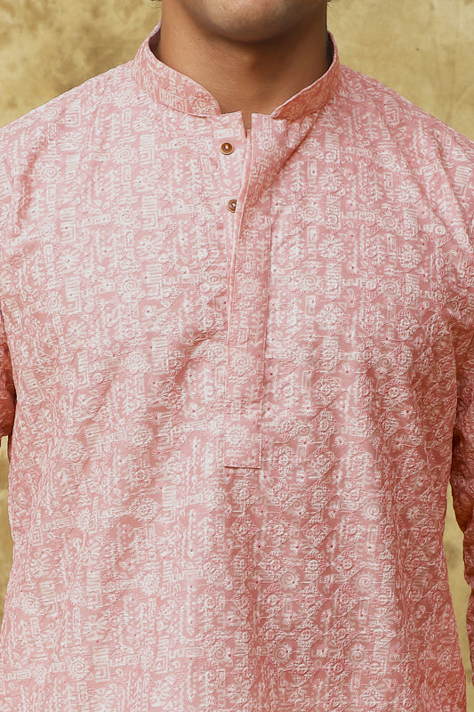 Bluesaanchi Men's Cotton Embroidered Kurta Set – Pink Sun Boota