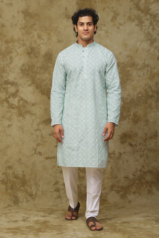 Bluesaanchi Men's Chikankari Embroidered Kurta Set - Light Green