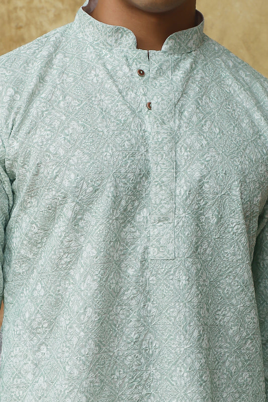 Bluesaanchi Men's Chikankari Embroidered Kurta Set - Light Green