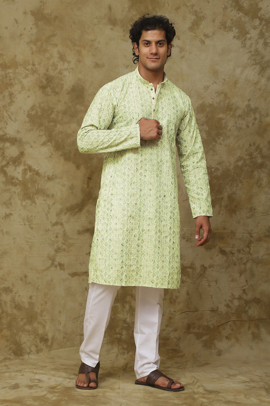 Bluesaanchi Men's Chikankari Embroidered Kurta Set - Lemon Yellow