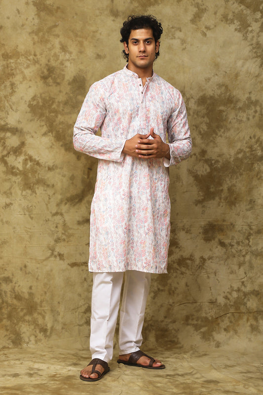Bluesaanchi Men's Chikankari Embroidered Kurta Set - White & Pink