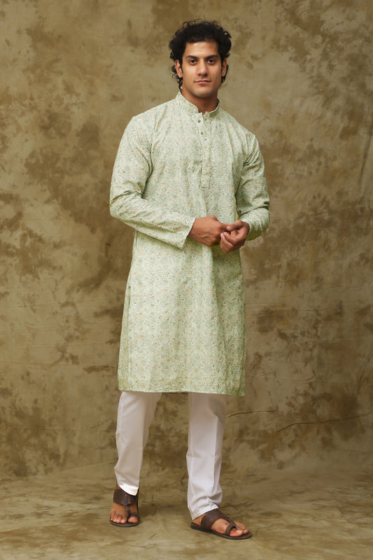 Bluesaanchi Men's Chikankari Embroidered Kurta Set - Green White