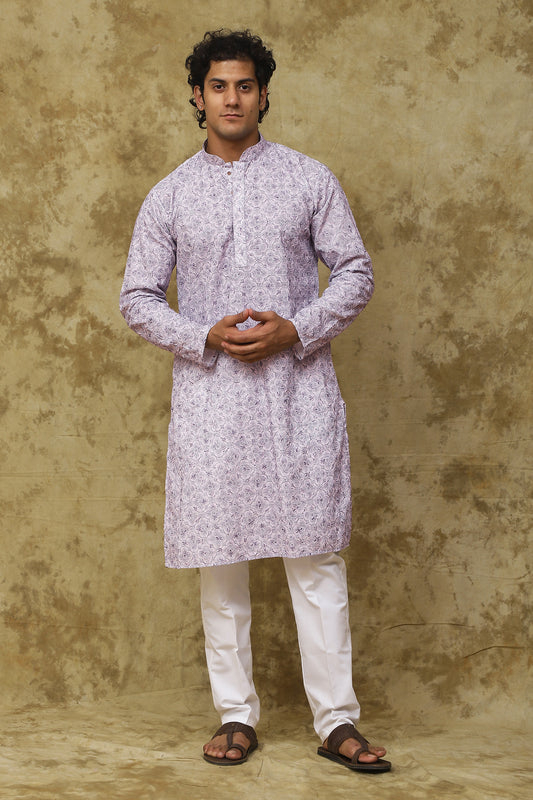 Bluesaanchi Men's Cotton Embroidered Kurta Set – Purple Flower