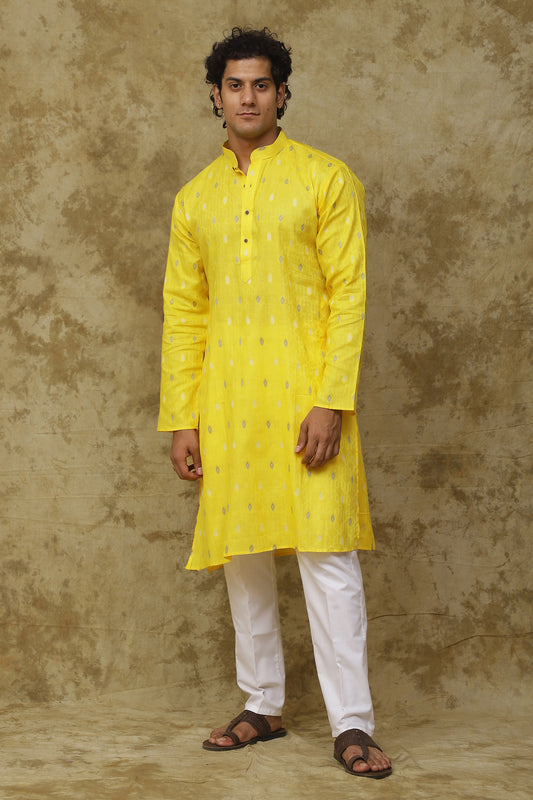 Bluesaanchi Men's Cotton Printed Kurta Set – Yellow Geometric