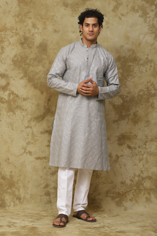 Bluesaanchi Men's Linen Threadwork Kurta Set - Creamy Grey