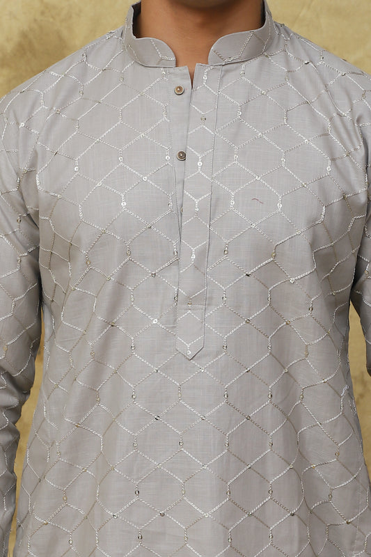 Bluesaanchi Men's Linen Threadwork Kurta Set - Creamy Grey