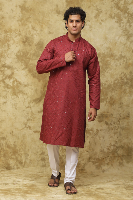 Bluesaanchi Men's Embroidered Kurta Set – Rust