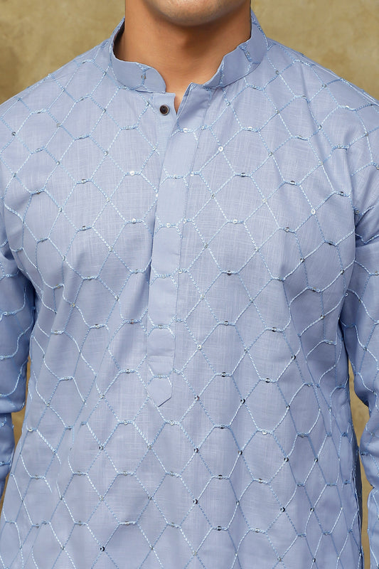 Bluesaanchi Men's Linen Threadwork Kurta Set - Blue