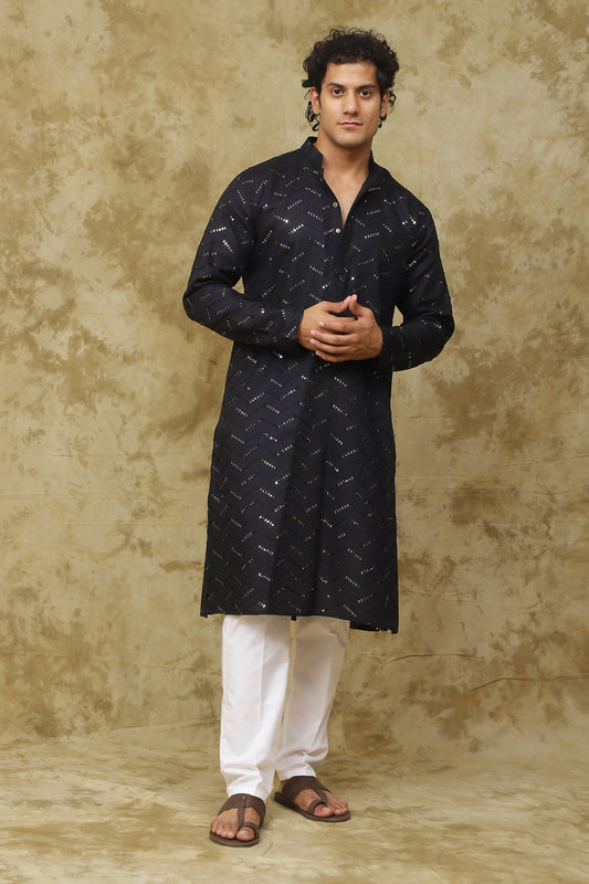 Bluesaanchi Men's Black Zigzag Sequin Kurta Set