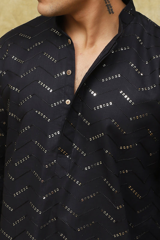 Bluesaanchi Men's Black Zigzag Sequin Kurta Set