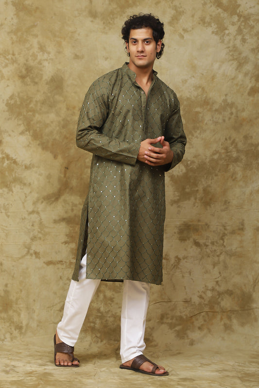 Bluesaanchi Men's Linen Threadwork Kurta Set - Dark Mehendi