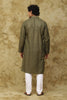 Bluesaanchi Men's Linen Threadwork Kurta Set - Dark Mehendi