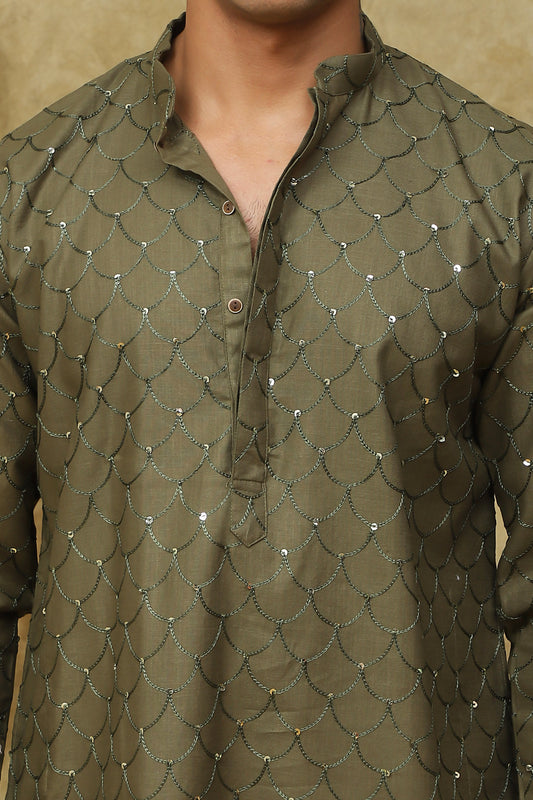 Bluesaanchi Men's Linen Threadwork Kurta Set - Dark Mehendi