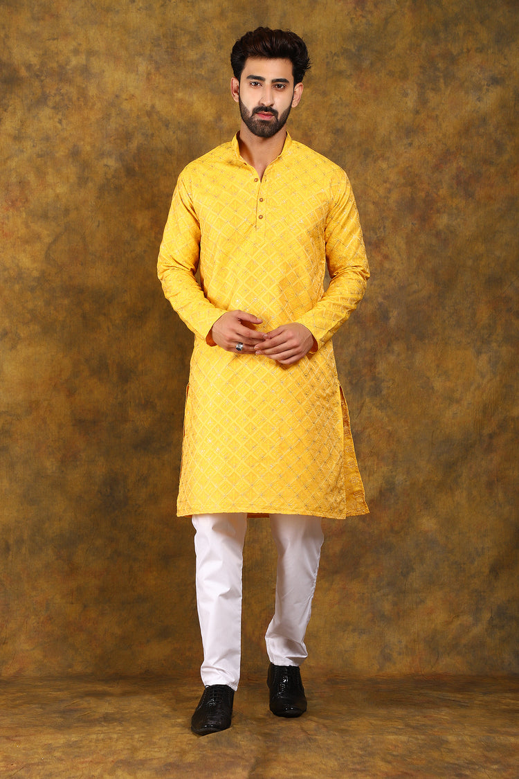 Yellow Party Wear Embroidery Men's Kurta Pajama Set